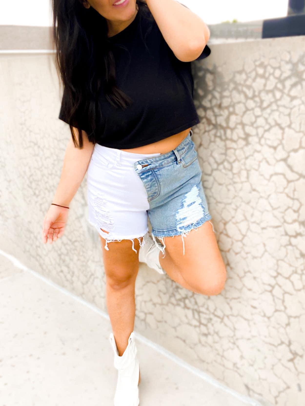 Crossover Colorblock Denim Shorts