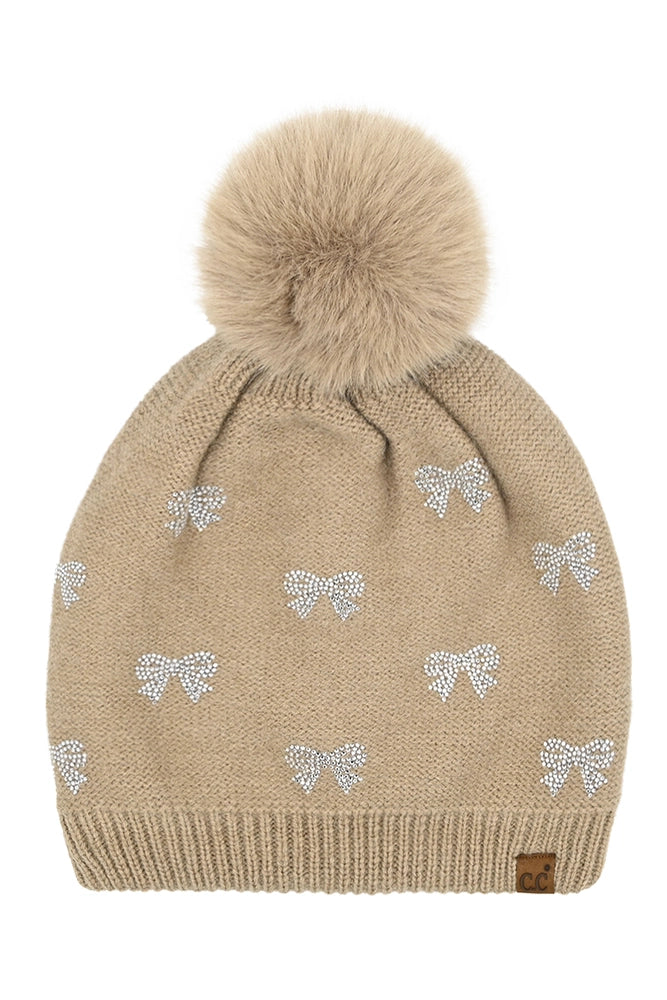 Rhinestone Mini Bow Pom Beanie