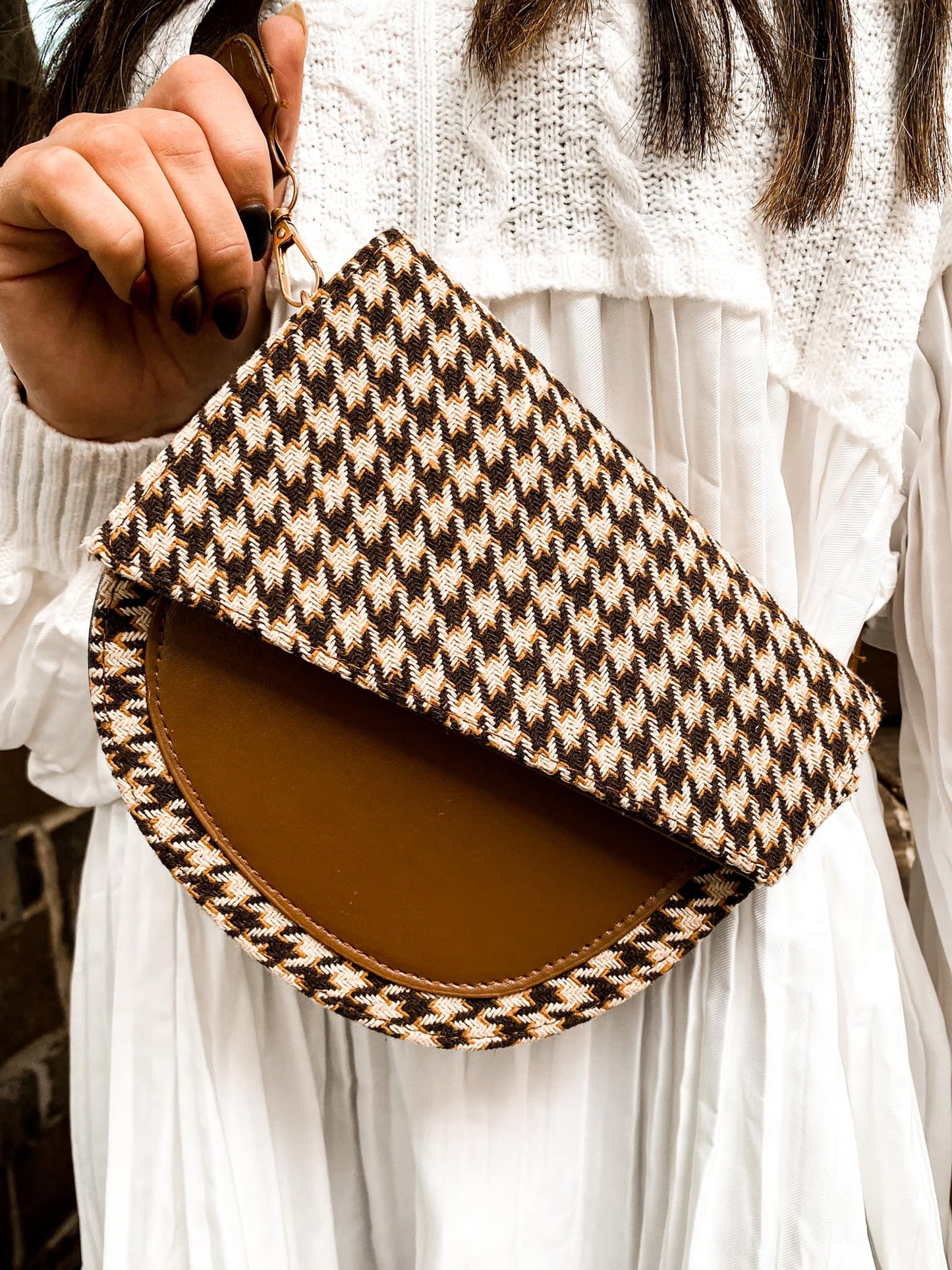 Houndstooth & Vegan Leather Sling Bag