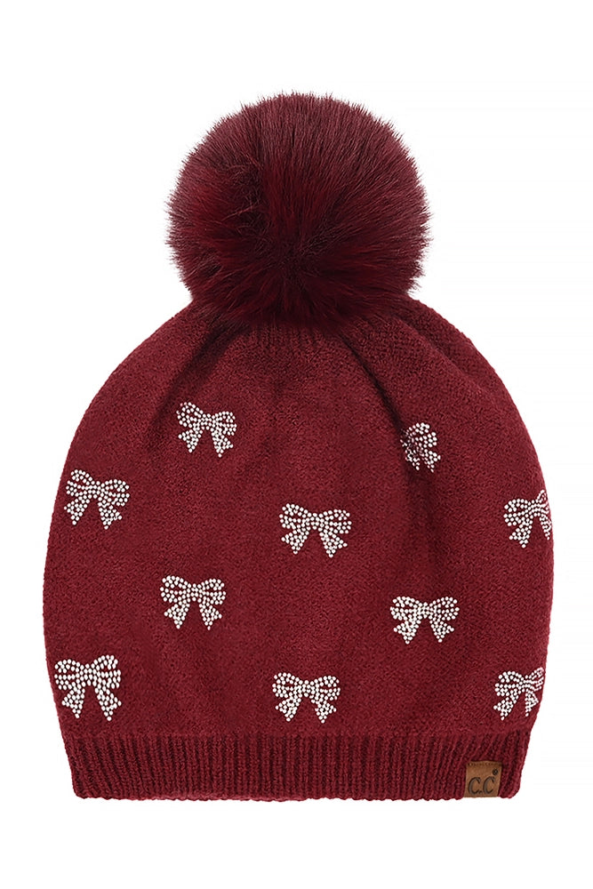 Rhinestone Mini Bow Pom Beanie